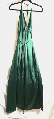Dress to Success Halter Top Lounging Dress Maxi Women's M Green Satin Open Skirt